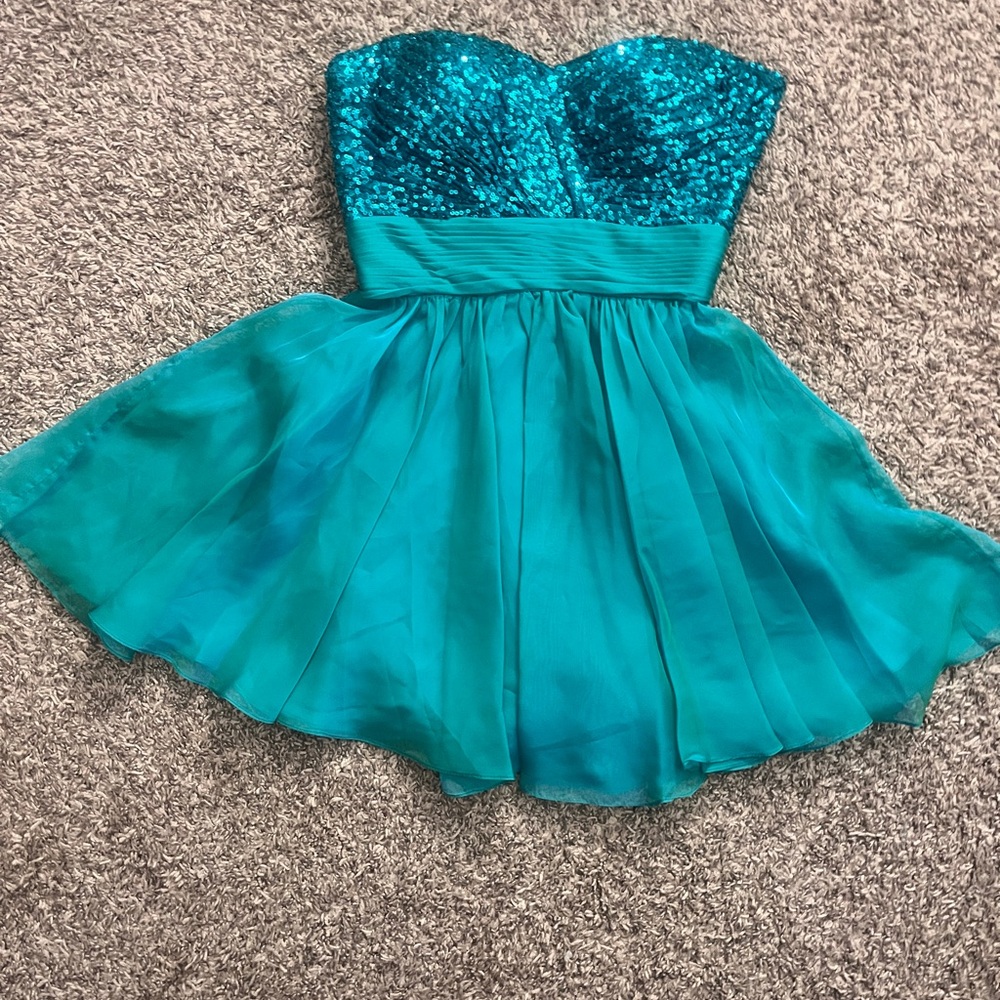 La Femme Blue Mini Babydoll Dress with Embellished Tiered Skirt for Prom
